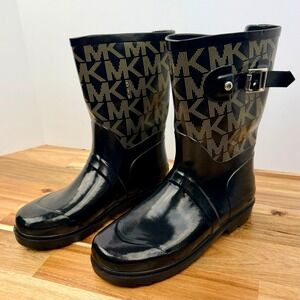 Michael Kors Daisy Logo Black Rain Boots MK Monogram Waterproof Size 3 US 35 EU
